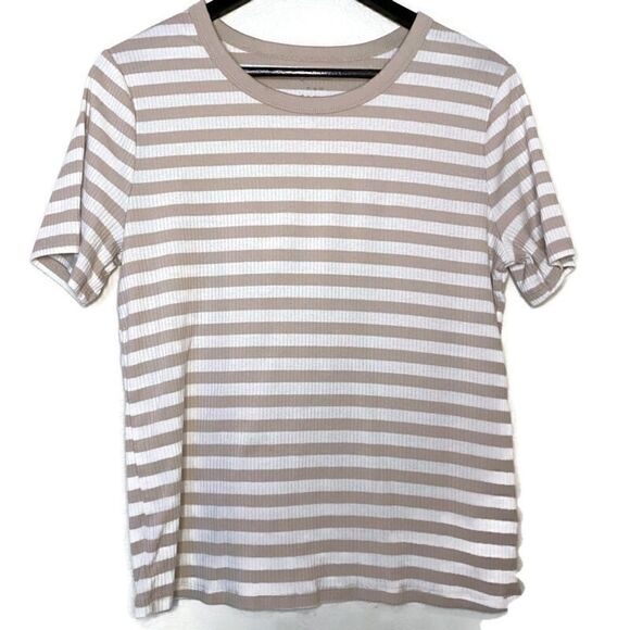 Ribbed Tan & White Striped Short Sleeve Shirt - Picture 1 of 4